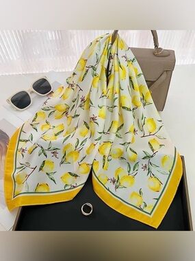 Lemon Print Satin Scarf Square Cottagecore Coastal Italian Summer Chic NWT